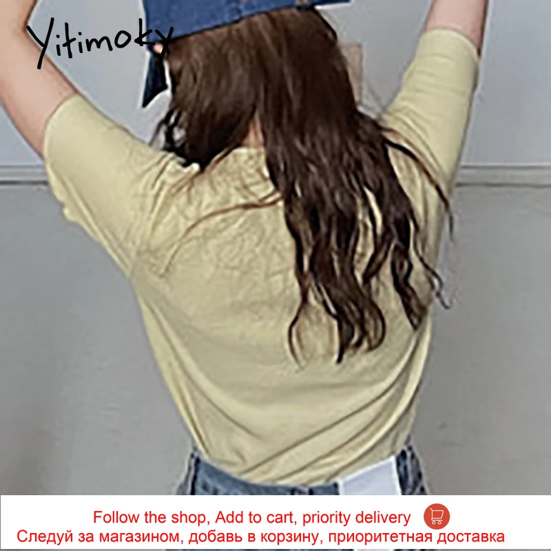 

Yitimoky Vintage Cotton T-Shirts Women Short Sleeve O-Neck Unicolor Clothing 2021 Summer Korean Fashion New Shirts Yellow Blue