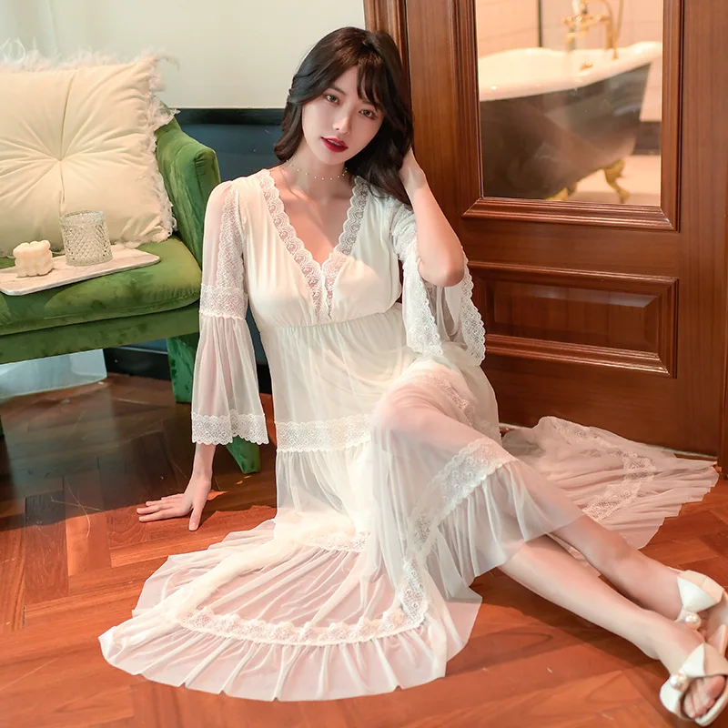 Modal Nightdress with Brassiere Women's Spring Summer Long Sleeve Net Gauze Sweet Princess Court Nightdress Lace Sexy Home Wear