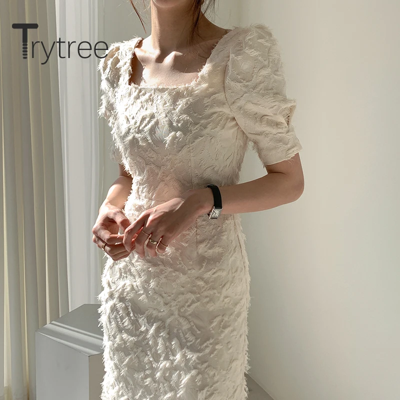 Летнее женское платье Trytree 2020 повседневное облегающее однотонное с квадратным