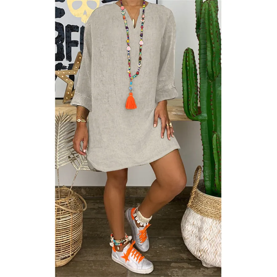 

Женское Хлопковое платье с длинным рукавом, свободное однотонное платье с V-образным вырезом в базовом стиле, распродажа, осень