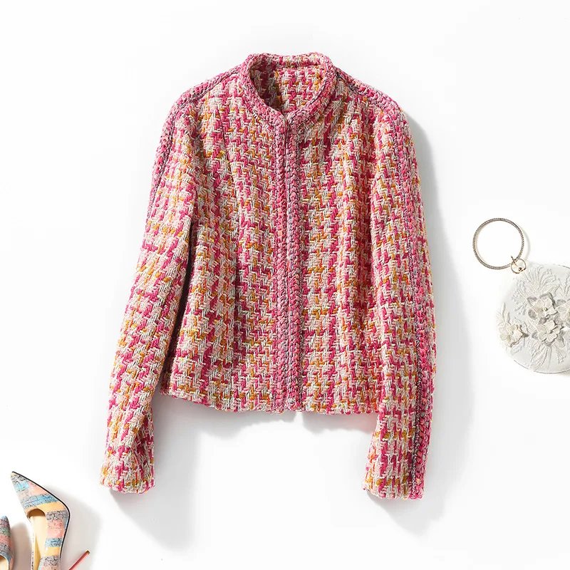 

Женская одежда в европейском и американском стиле, новинка зимы 2022, модное твидовое шерстяное пальто с длинным рукавом и воротником, радужн...