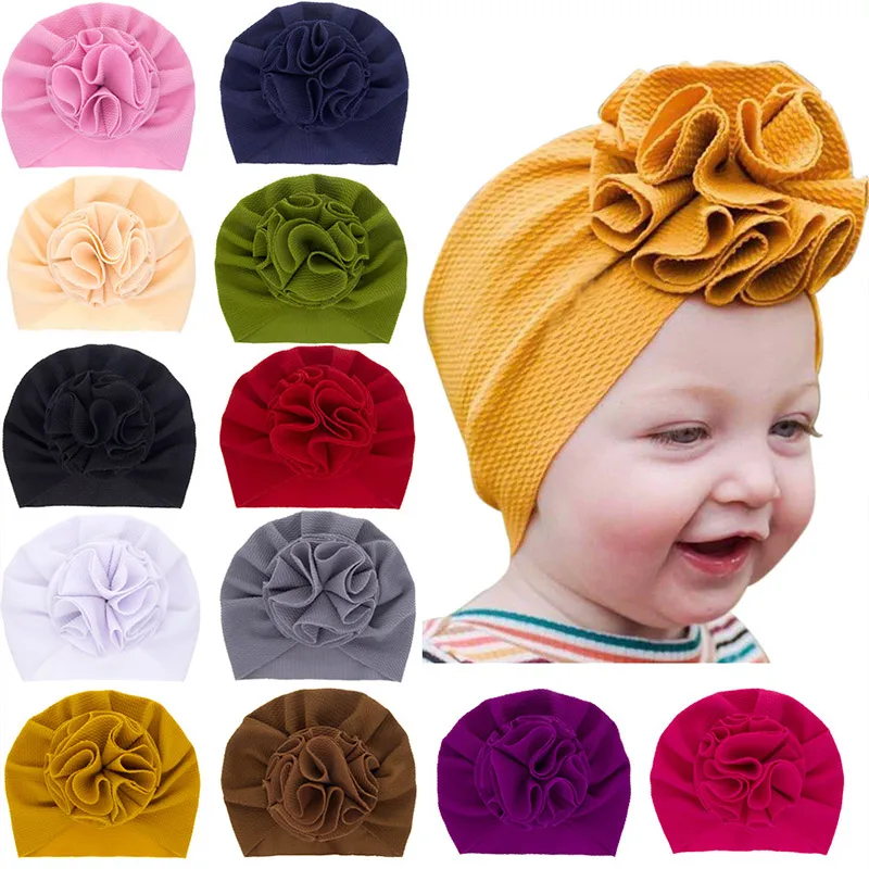 

New Big Flower Baby Hat Soft Cotton Kids Turban Children Girl Bonnet Cap Solid Color Cute Toddler Beanie Cap Accessories