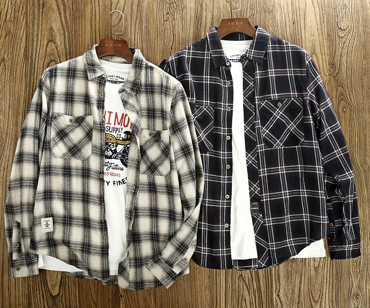 

Autumn New Japanese Retro Long Sleeve Flannel Plaid Tooling Shirt Men's Fashion Pure Cotton Washed Old Casual Pocket Blouses