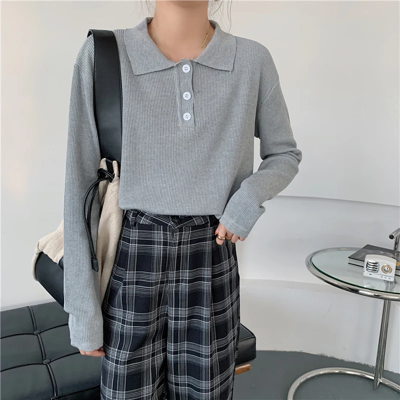 

CMAZ Spring Korean Style Women Sweater Polo Neck Simple Lapel Soft Slim Fit Autumn Casual Long Sleeve Loose Jumper T-shirt 9169#
