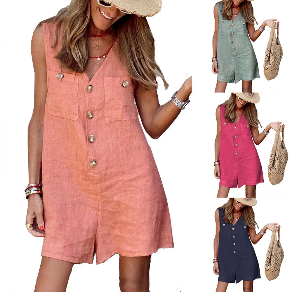 

Shorts Jumpsuits Women's Clothing 2021 Summer Playsuits Combinaison Femme Single-Breasted Sleeveless Loose Overalls Monos Mujer