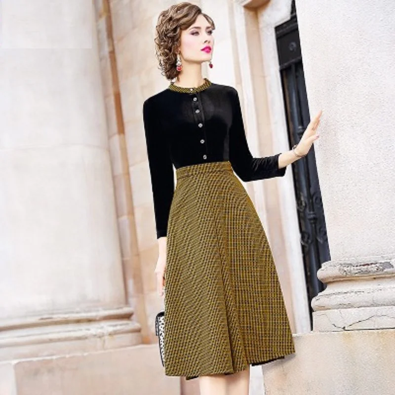 

dress 2021 Velvet women new color contrast retro waist over knee plaid autumn Women Plus Size ladies Elegant winter long dress