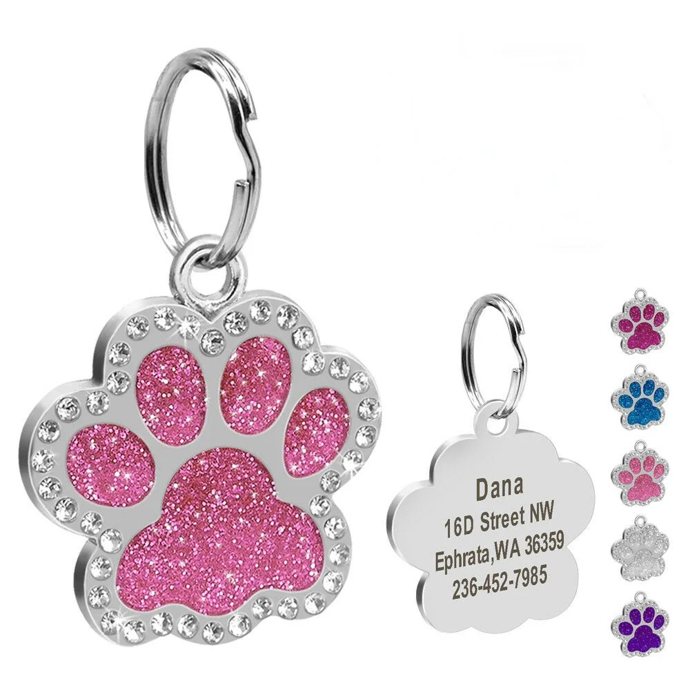 

Personalized Dog Tags Engraved Puppy Pet ID Name Collar Tag Bling Paw Glitter Anti-lost Pet Nameplate Bling Rhinestone Pendant