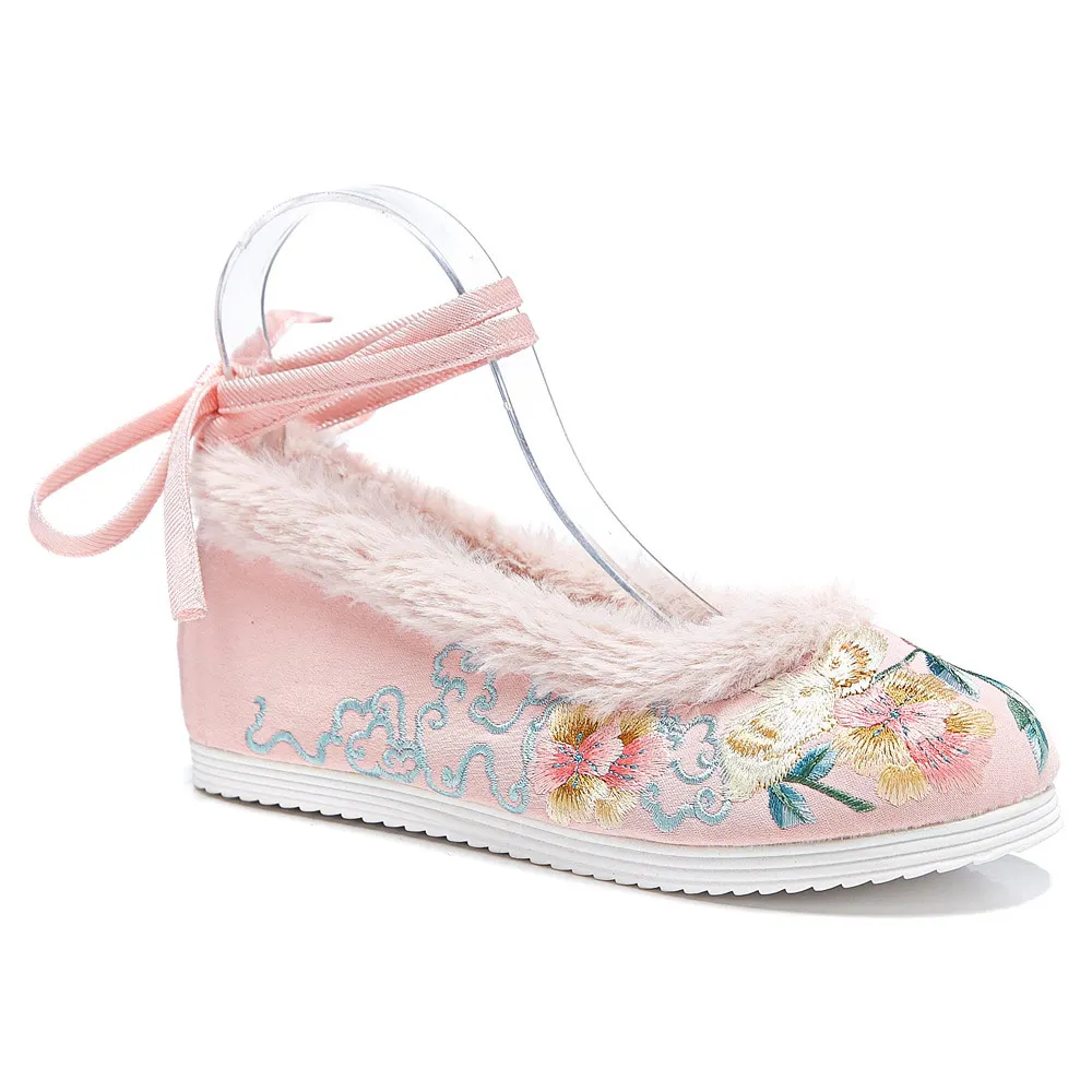 

YourSeason Winter Ladies Warn Fur Cotton Flat Platforms Canvas Shoes Comfortable Women Vintage Chinese Flower Embroidery Flats