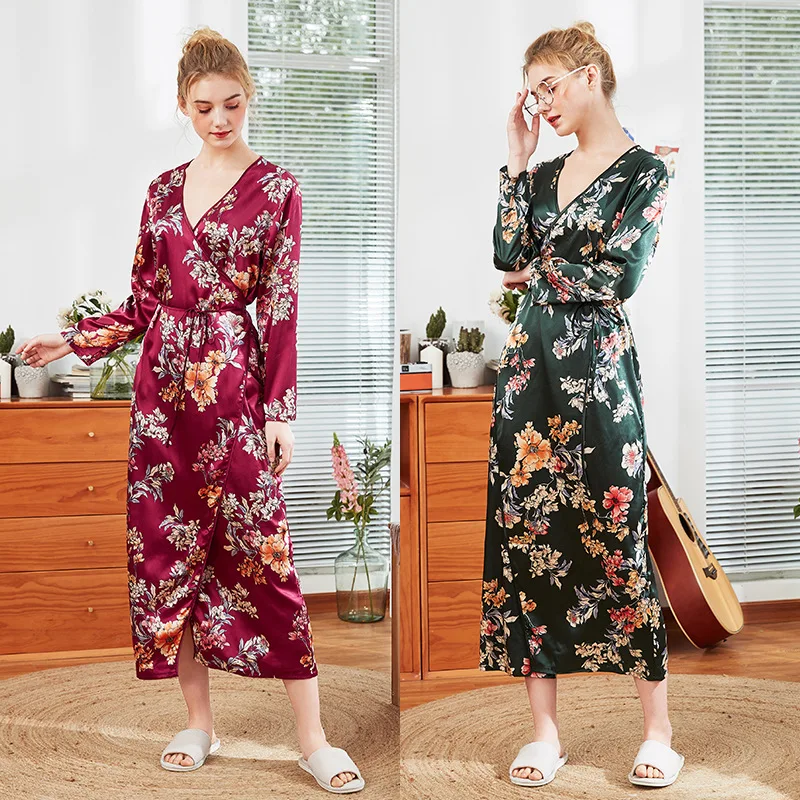 

New Spinning Silk Nightgown Women's Spring Long Sleeve Silk Home Wear Print Nightdress lingerie robe sexy robe floral robe