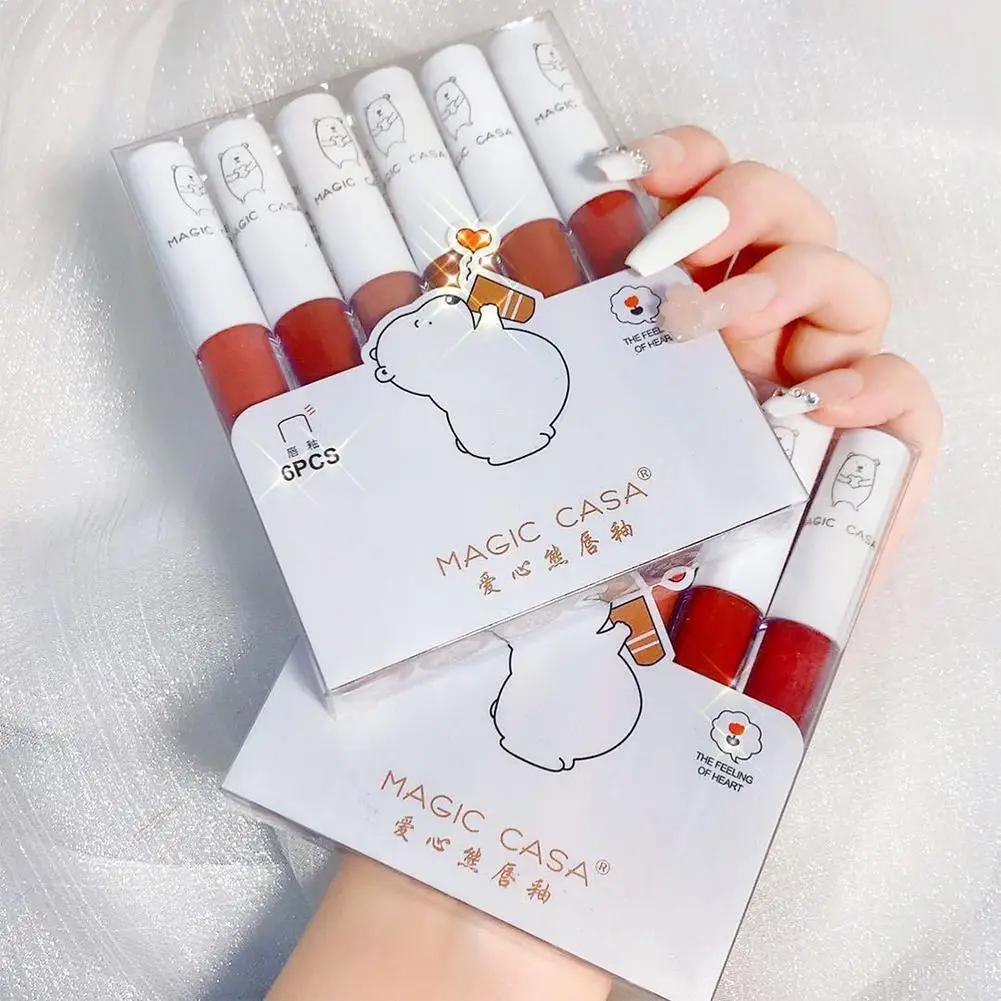 

6pcs/pack Cute Lip Glaze Non-stick Cup Not Easy To Take Off Makeup Matte Velvet Lipstick Moisturizing Cosmetics