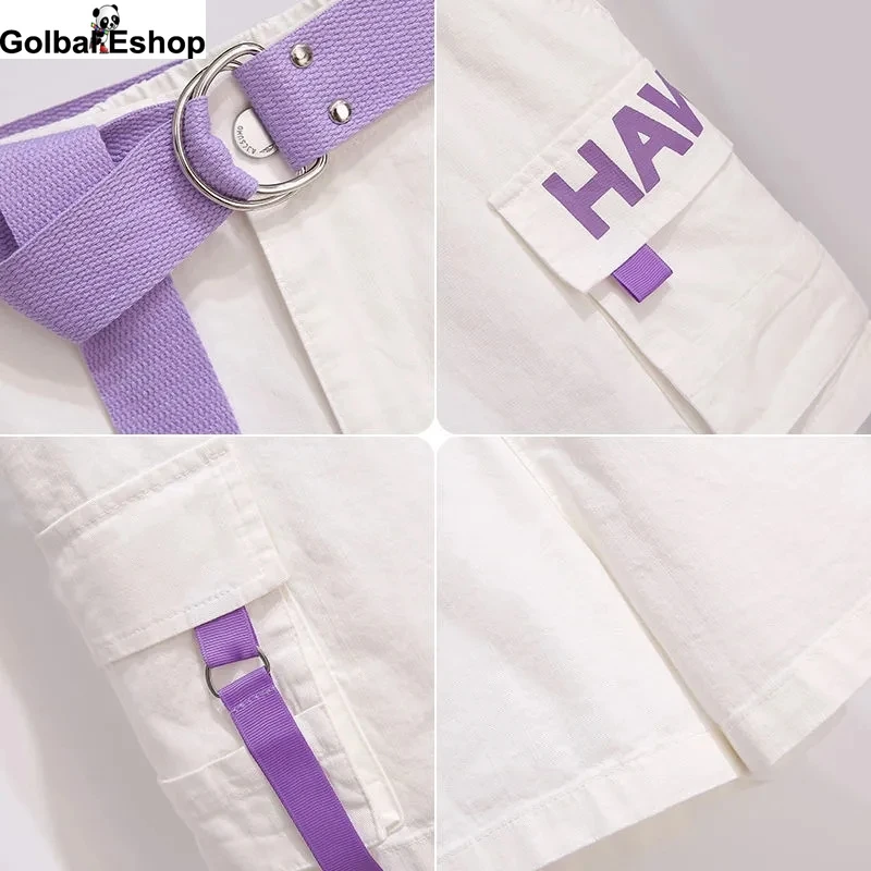 

2021 Fashion Cotton Short-sleeved Printed T-shirt with Belt Two-piece Casual Work Shorts Summer Suit Shorts Women New Korean
