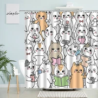 cartoon cat shower curtain child hand painted colorful cute fun animals seamless bathroom wall decor with hook polyester screen