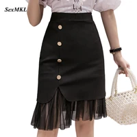 women bodycon black skirts 2021 korean fashion clothing elegant high waist mujer faldas button zipper office sexy midi skirt