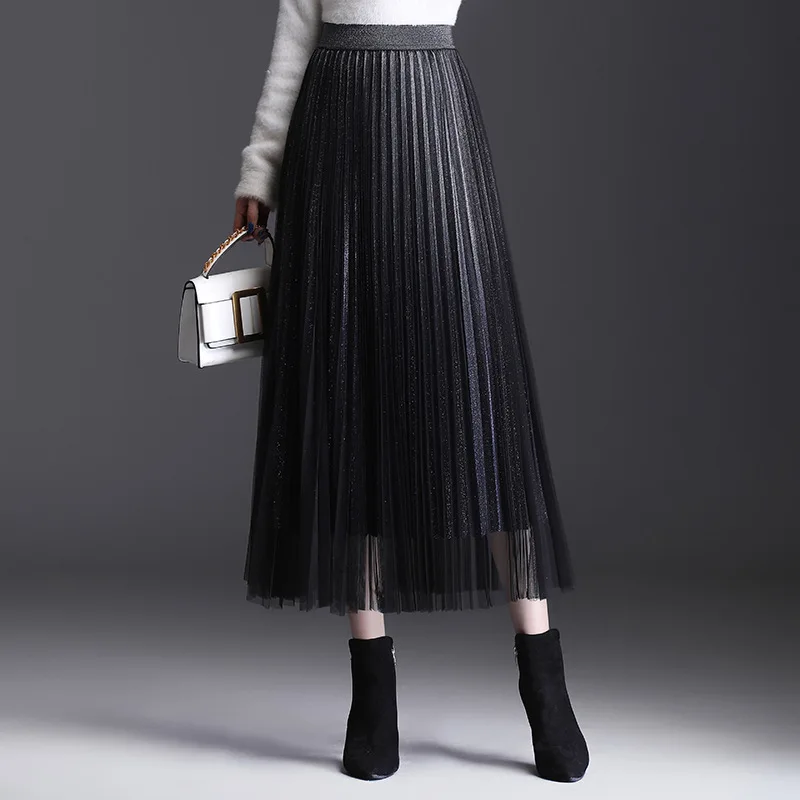 

Women's Skirt 2021 High Waist Pleated Skirts Female Streetwear Korean Fashion Vintage Black Long Gauze Half Skirts Spring Autumn