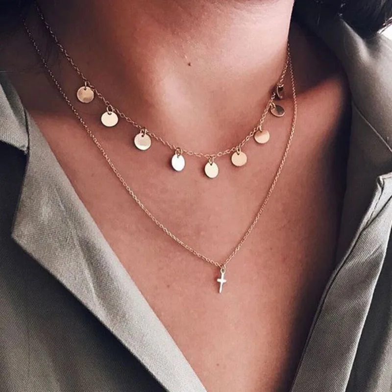 Винтажное Двухслойное медное круглое ожерелье с блестками и крестом для женщин