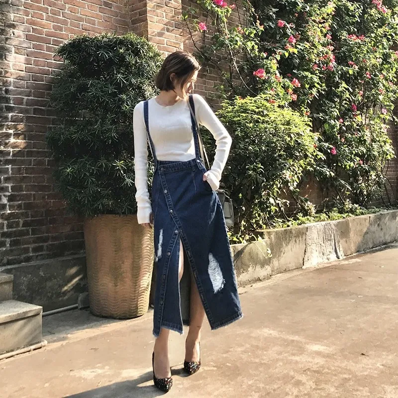 Летние Асимметричные рваные женские джинсовые платья на подтяжках с высокой