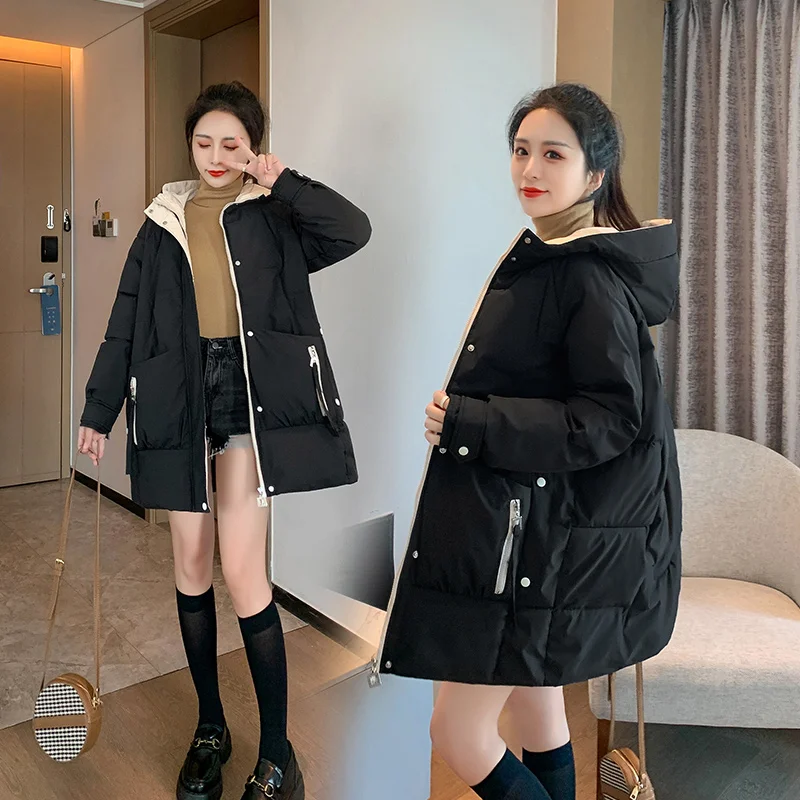 Korean Fashion Loose Hooded Parkas Women Fashion Winter Solid Thick Midi Coats Ladies Pocket Elegant Cotton Casual Jacket Female