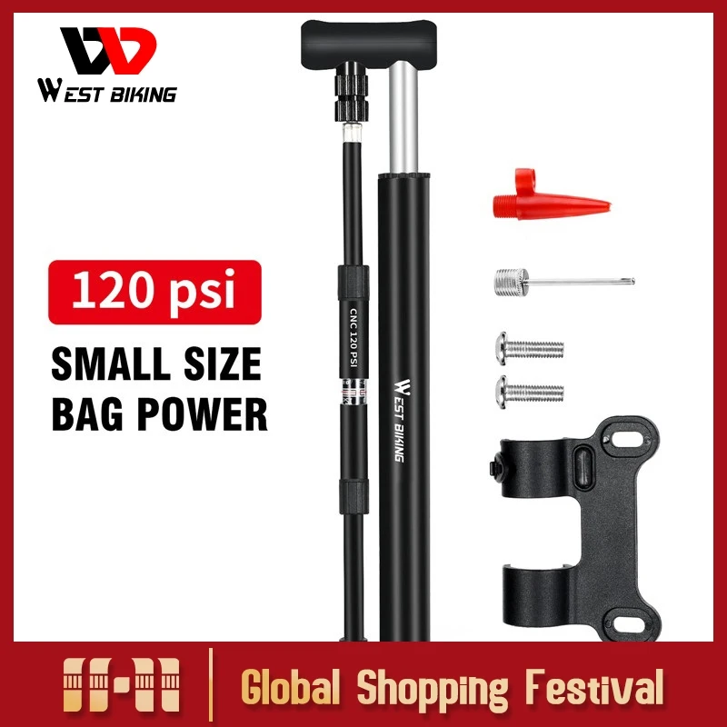 

WEST BIKING Bike Foot Pump 120PSI High Pressure With Gauge Mini Portable Alloy Pump For Schrader Presta Valve Tire Air Inflator