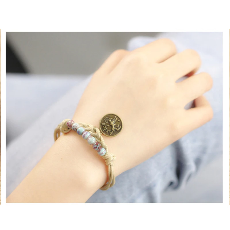 

KPOP Retro Ethnic Style 12 Constellation Ceramic Pendant Couple Bracelet Literary Female Jewelry Wholesale Student Birthday Gift