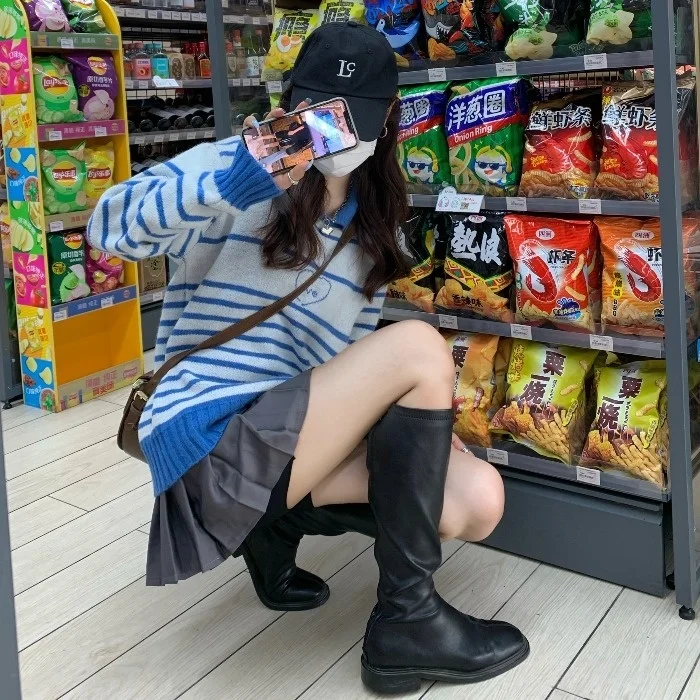 Женский пуловер в полоску Синий Свободный Повседневный Корейском стиле с