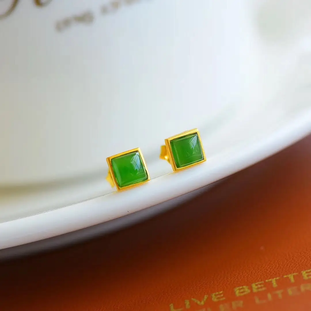 

Small Ear Studs Women's Small and Simple Sterling Silver Exquisite Green Earrings Vintage Green Square Natural Jasper Gem