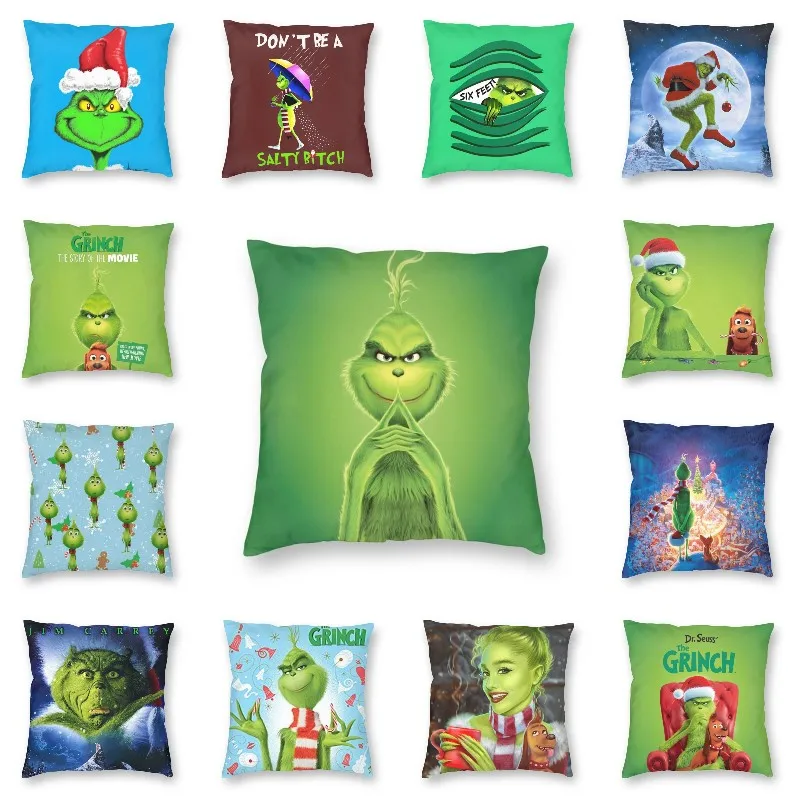 

Christmas Comedy Movie Green Hair Monster Cushion Covers Sofa Living Room The Grinch Square Throw Pillow Case 45x45