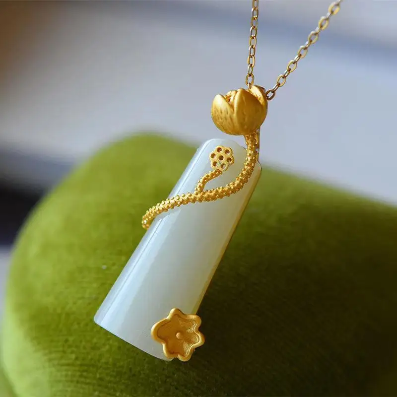 

Natural Hetian Jade Inlaid Finished Lotus Lucky Pendant Pendant Natural Hetian White Jade Sterling Silver Gilding Inlaid