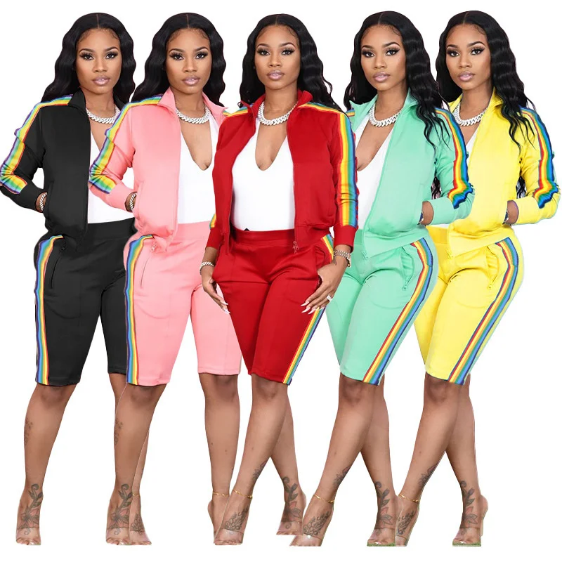 

Cutubly Two 2 Piece Short Sets Long Sleeve Lapel Coat Set For Women With Shorts Striped Tracksuit Fashion 2021 Autumn Outfits