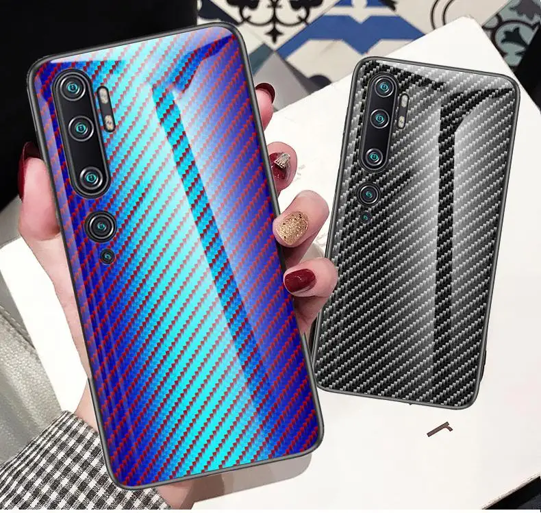 KEYSION Tempered Glass Case For Xiaomi Mi Note 10 Pro Gradient carbon fiber Back Cover for CC9 9 Lite |