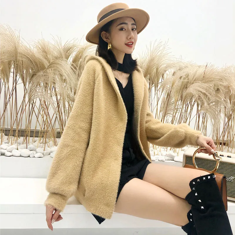 Camel Пальто женский короткий параграф бархатный кардиган с капюшоном женская верхняя одежда осень и зима тонкий толстый Универсальный - Color: Camel