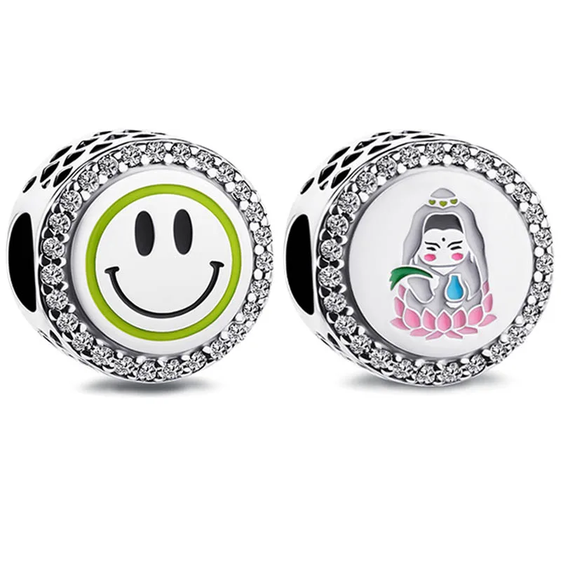 

2021 China Exclusive Shining Smiley Guanyin Button Beads Fit Europe Bracelet 925 Sterling Silver Charm DIY Jewelry