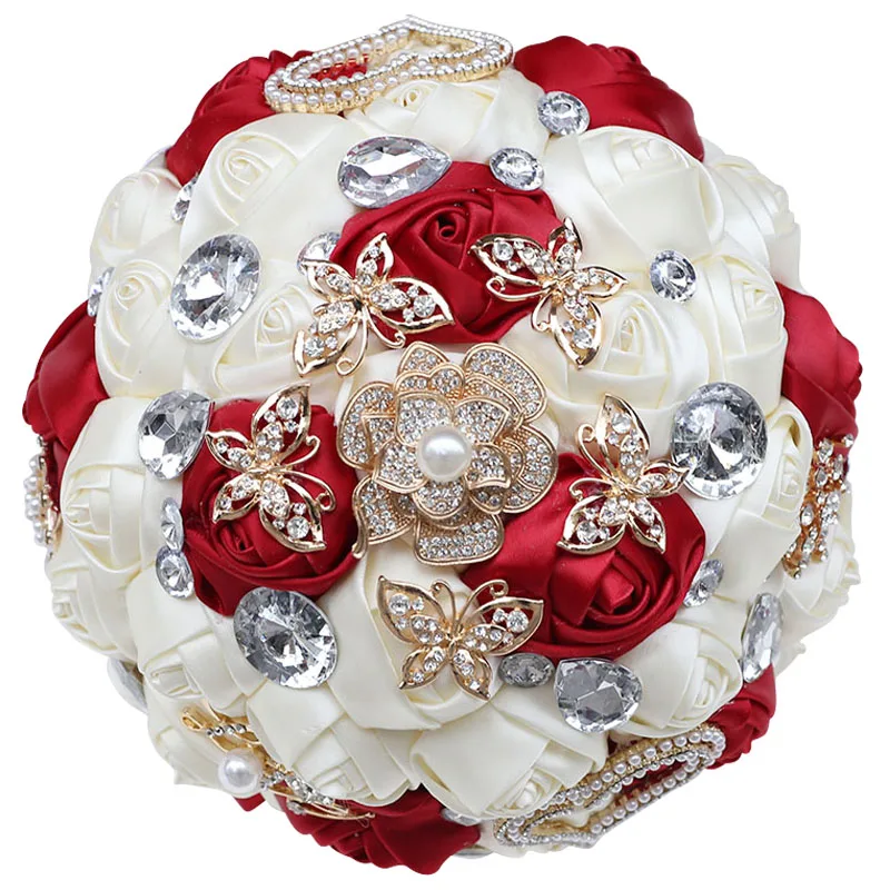 

Korean Bride And Bridesmaid Pearl Rhinestone Hand Bouquet Ribbon DIY Bouquet Wine Red Wedding Supplies W576