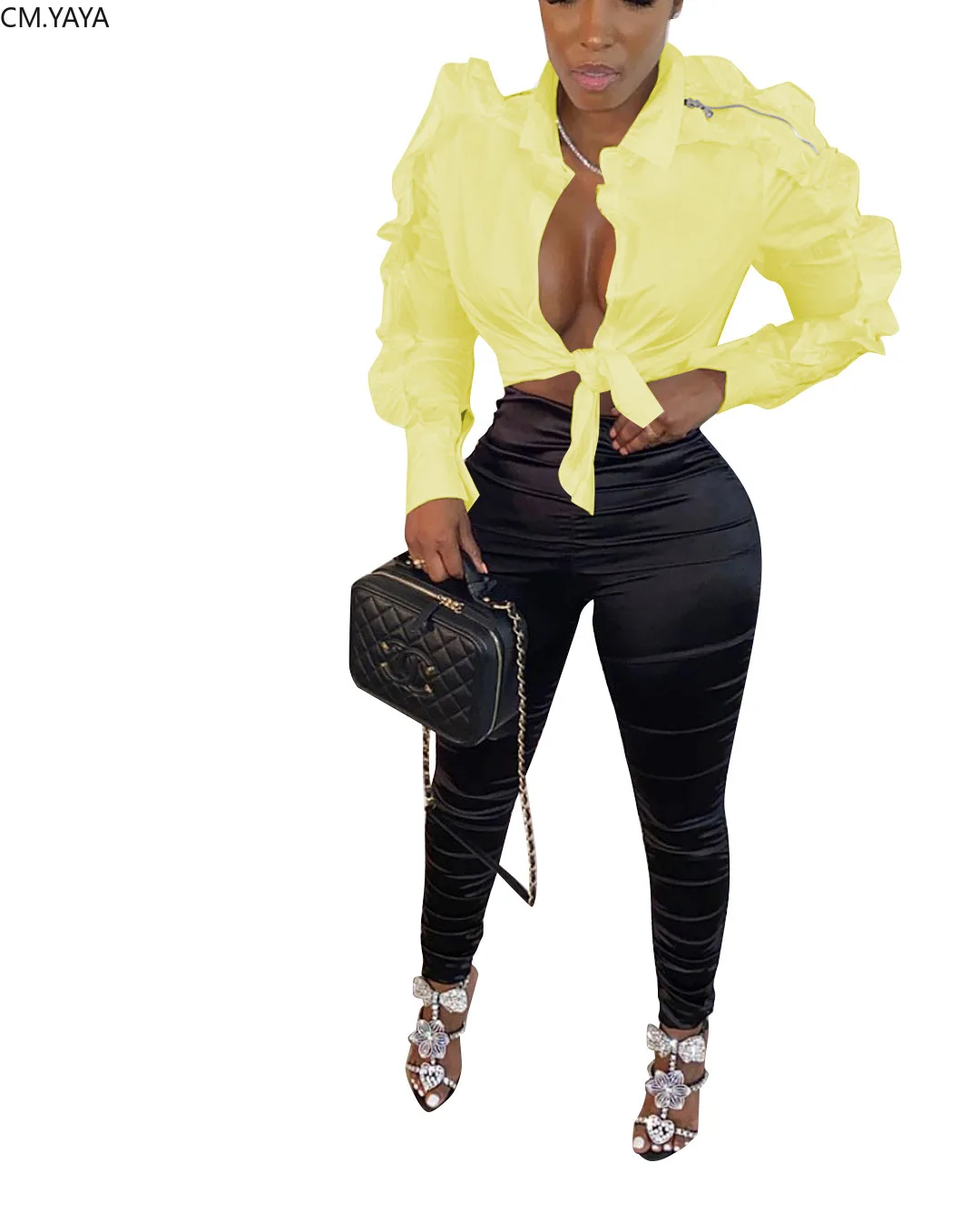 Женская блузка с оборками CM.YAYA однотонная летняя на молнии длинным рукавом и