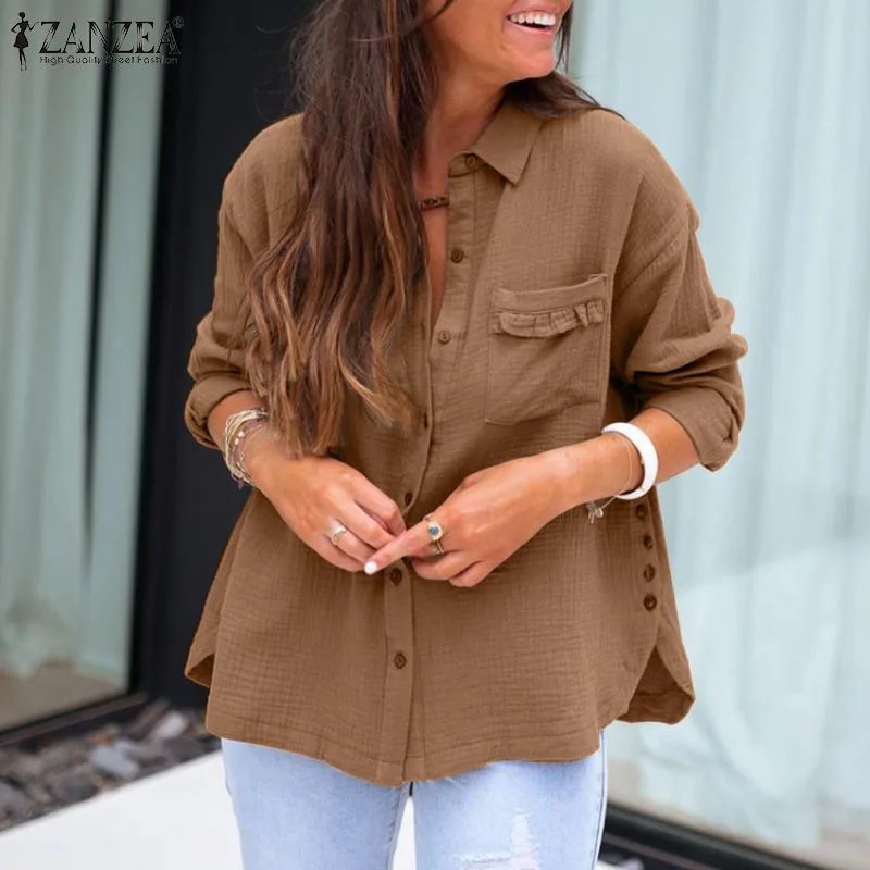 

ZANZEA 2022 Fashion Solid Blouse Women Long Sleeve Autumn Solid Color Vintage Shirt Casual Loose Button Tops Long Blusa Oversize