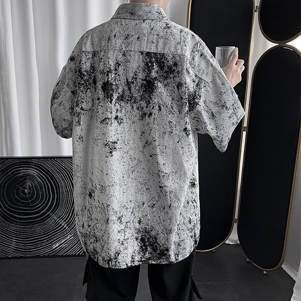 

Fashion Color Rendering Short Sleeve Turn-down Collar Men Loose Casual Top shirts for men