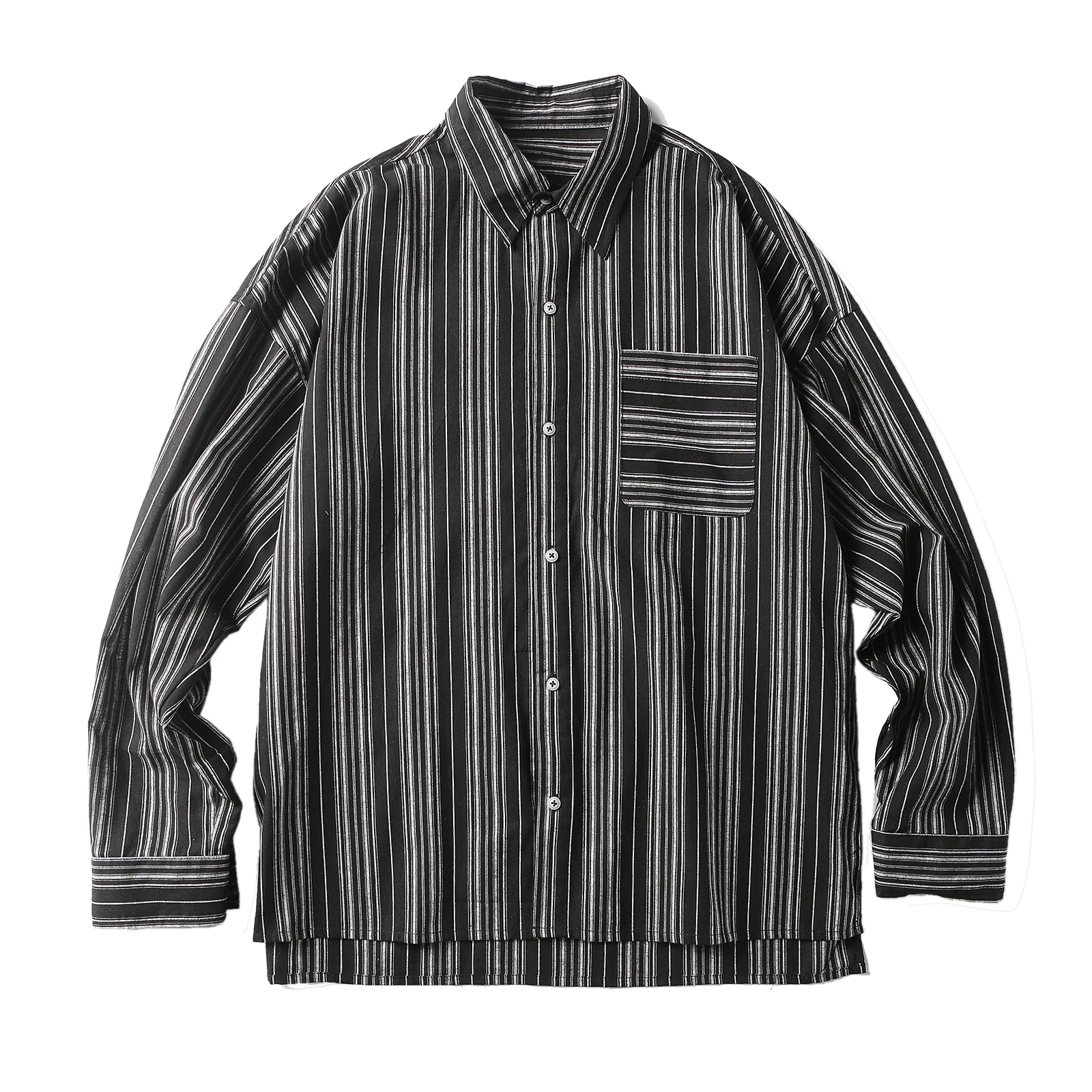 

Black Striped Men Shirt Fashion Streetwear Japanese Slim Fit Khaki Student Trendy Ulzzang Striped Men Shirt Long Sleeve B50