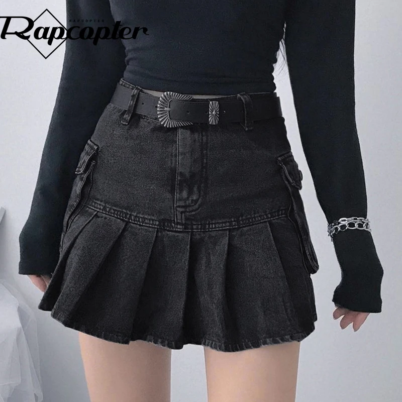 

Rapcopter y2k Pleated Skirts Pockets Jean Skirts High Waisted Mini Skirts Gothic Black Denim Skirts Women Korean Cosplay Skirts