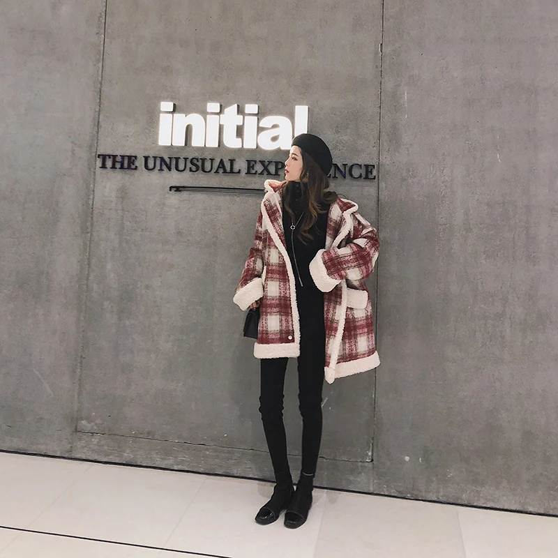 

Autumn Winter 2023 Red Plaid Woolen Coat New Fashion Causal Women Turndown Collar Thick Coat