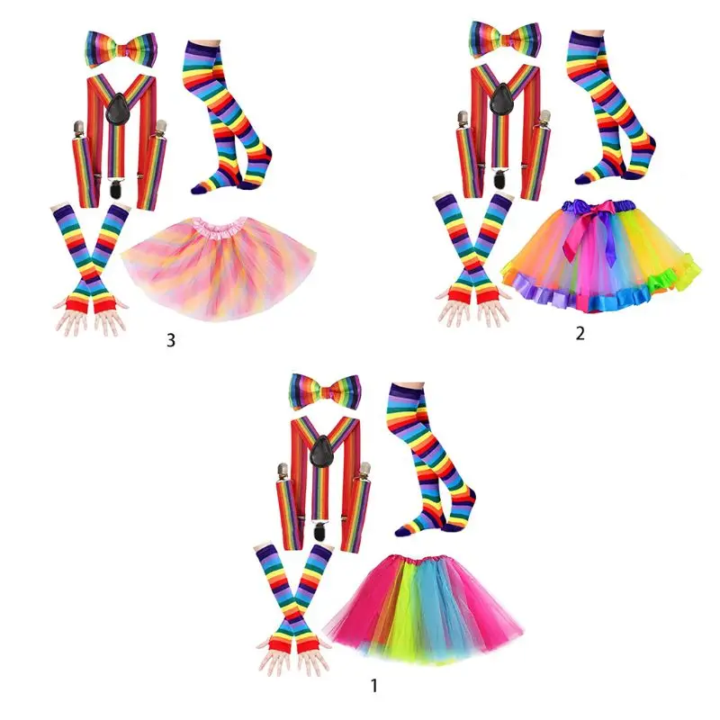 

Women 80s Neon Party Outfit Costume Rainbow Stripes Arm Warmer Long Socks Bowtie Suspenders Tutu Skirt Set Cosplay Accessory