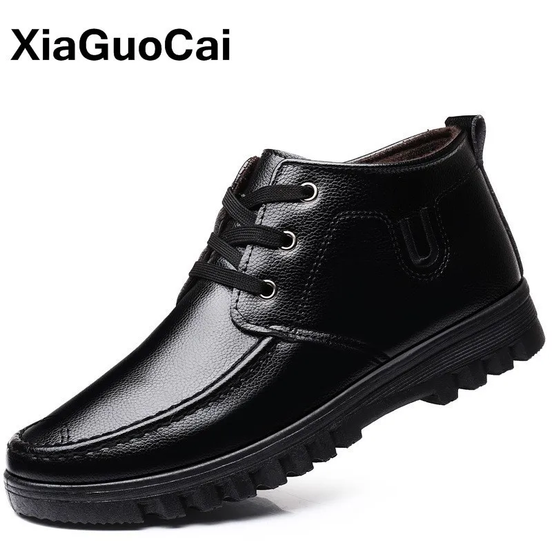 Зимняя Теплая мужская обувь высокие повседневные мужские ботинки на меху черная