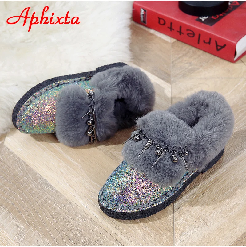 Сапоги aphixta; женские зимние ботильоны на плоской подошве; теплая женская обувь на платформе; женские меховые сапоги с круглым носком и металлической бахромой; Botas Mujer