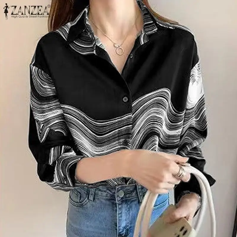 

ZANZEA Holiday Women Casual Long Sleeve Lapel Collar Blouse Printed Chemise Autumn Office Work Shirt Oversize Button Tunic Tops