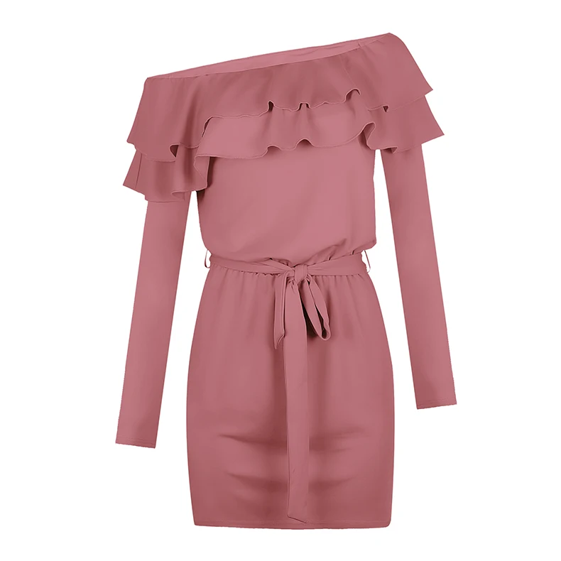 

Spot cross-border autumn and winter new women's fashion solid Ruffle long sleeve dress om9225