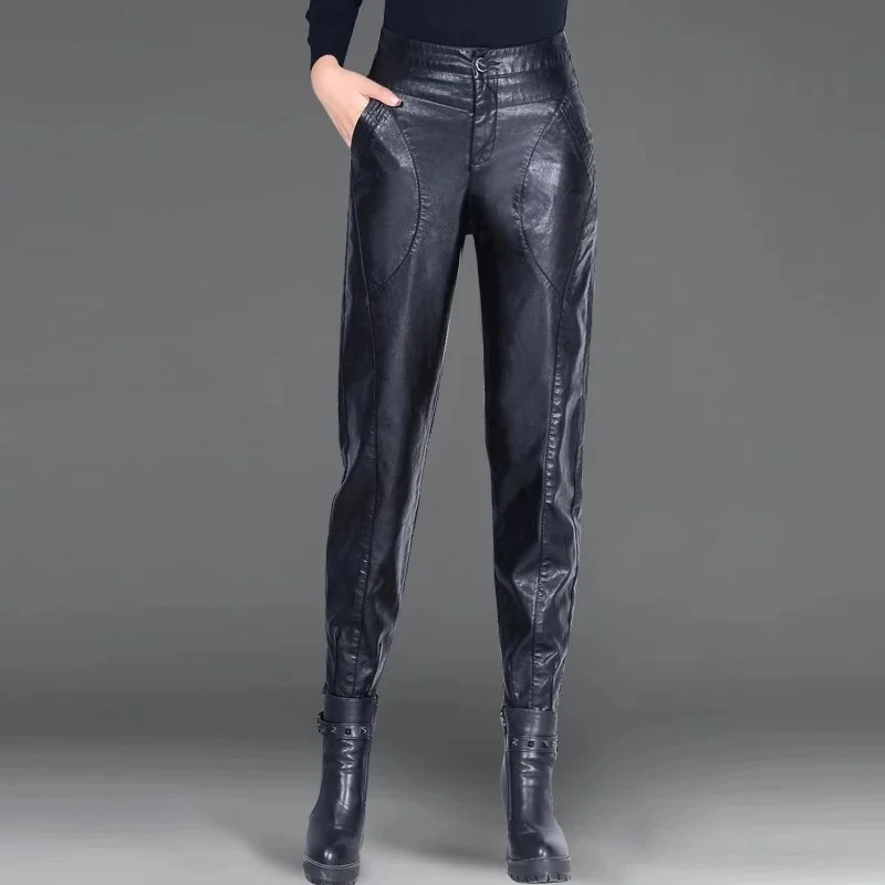 Женские брюки из искусственной кожи с завышенной талией|Брюки| |