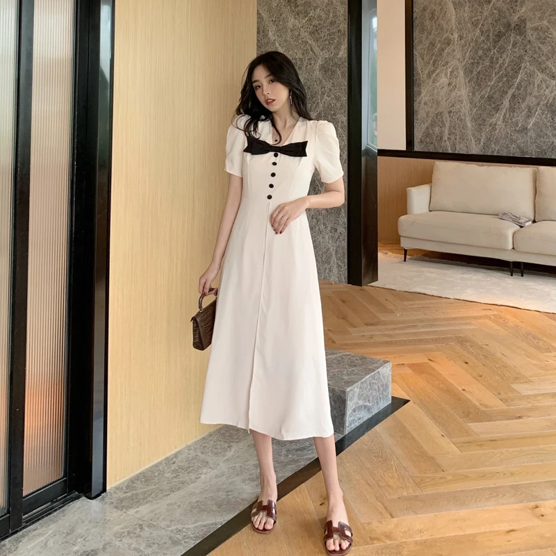 

French Elegant A Line Midi Dress Retro Temperament Robe Luxury High Waist Party Dress 2021 New Fashion Bow Princess Vestidos