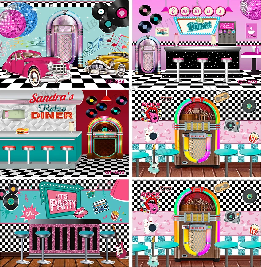 Back To 50's Sock Hop Photography Backdrops 1950s Retro Diner Time Rock Roll Classic Decor Crazy Vintage Dance Prom Background