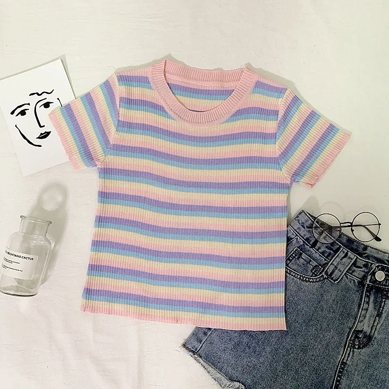 

Knitted T Shirt Women Rainbow Striped Tee Shirt Slim Fit T-shirt Harajuku Tshirt Summer Short Sleeve Korean Female Clothes Tops
