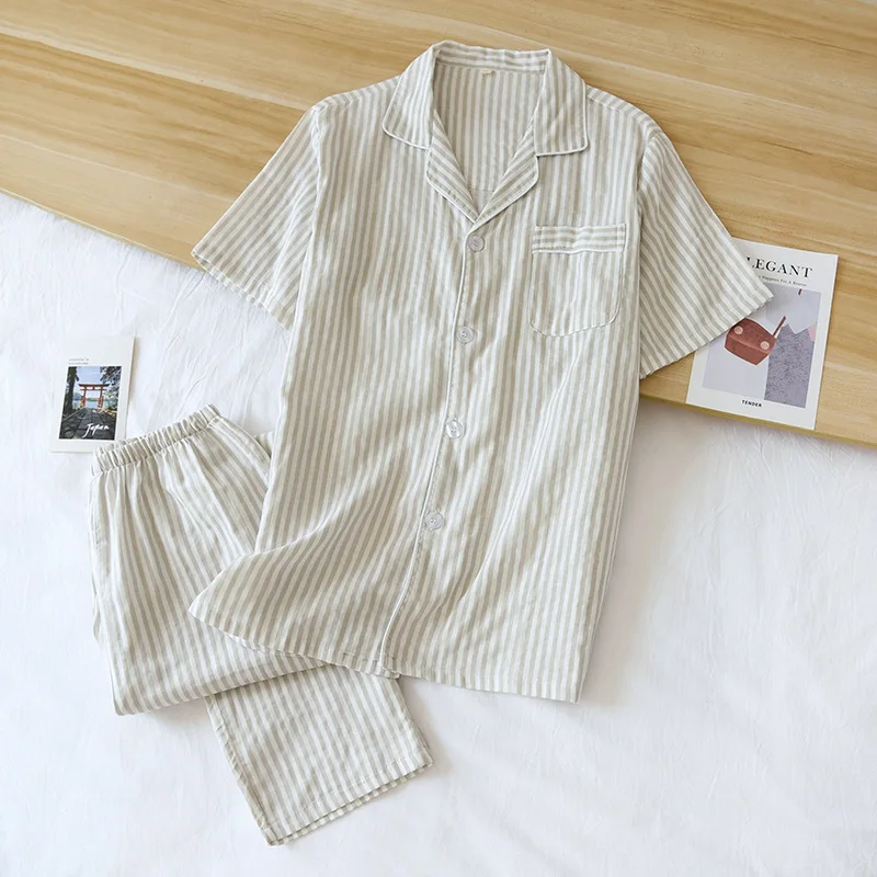 Spring and Summer Couple Pajamas Set Cotton Short Sleeve Trousers Pajamas Set Women Cotton Yarn Thin Men's Lapel Loose Home Wear