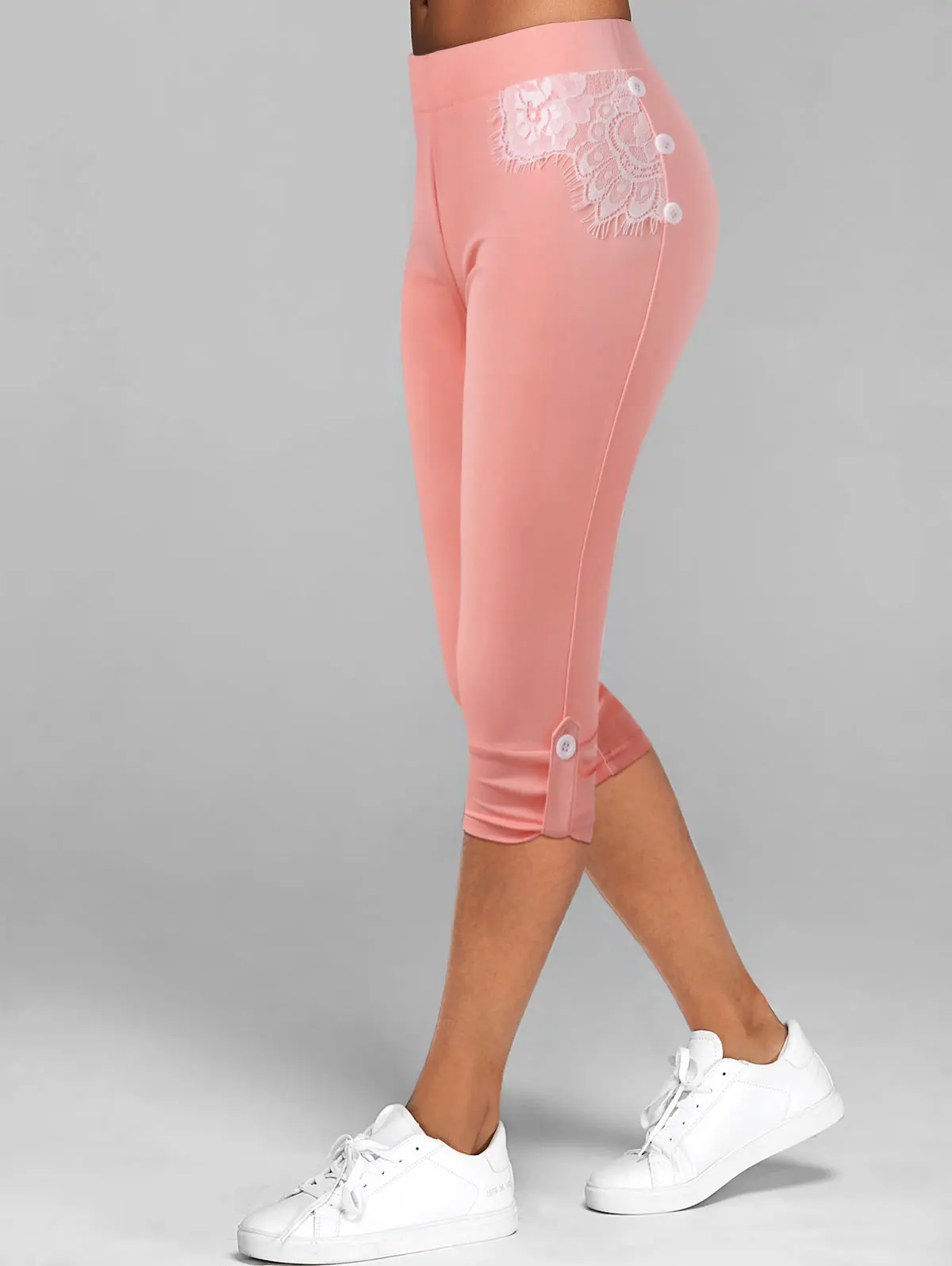 

Yoga Women Lace Insert Button Tab Capri Leggings High Waist lSkinny Solid Pencil Pant Ladies Trouser