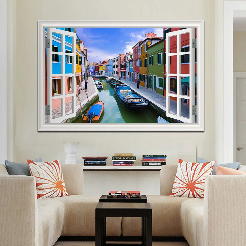 Modern Wall Art Poster 3D Window View European Town Street Canvas Print Wallpaper Decor for Living Room Bedroom Home | Дом и сад
